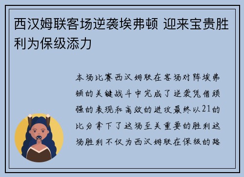 西汉姆联客场逆袭埃弗顿 迎来宝贵胜利为保级添力