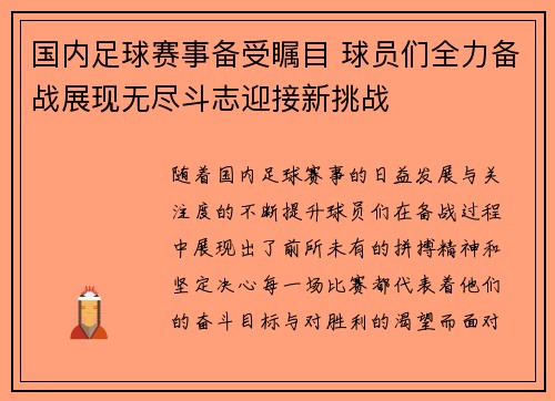 国内足球赛事备受瞩目 球员们全力备战展现无尽斗志迎接新挑战