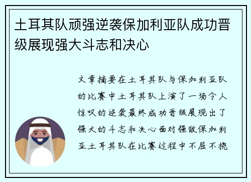 土耳其队顽强逆袭保加利亚队成功晋级展现强大斗志和决心