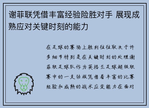 谢菲联凭借丰富经验险胜对手 展现成熟应对关键时刻的能力