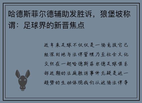 哈德斯菲尔德辅助发胜诉，狼堡坡称谓：足球界的新晋焦点