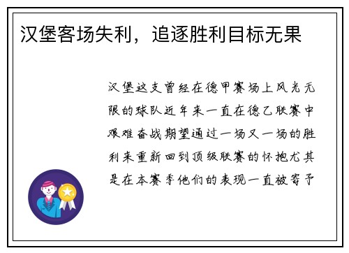 汉堡客场失利，追逐胜利目标无果