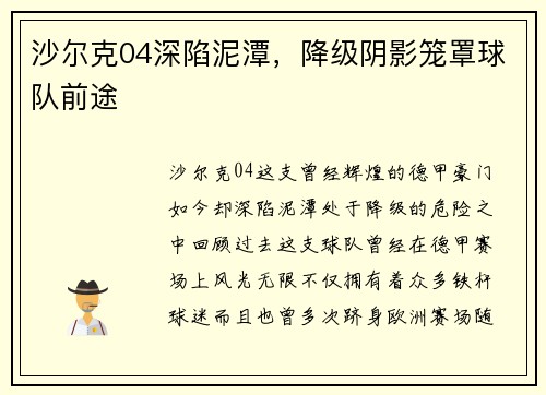 沙尔克04深陷泥潭，降级阴影笼罩球队前途