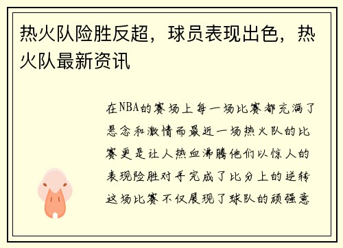热火队险胜反超，球员表现出色，热火队最新资讯