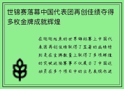 世锦赛落幕中国代表团再创佳绩夺得多枚金牌成就辉煌
