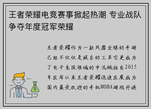 王者荣耀电竞赛事掀起热潮 专业战队争夺年度冠军荣耀